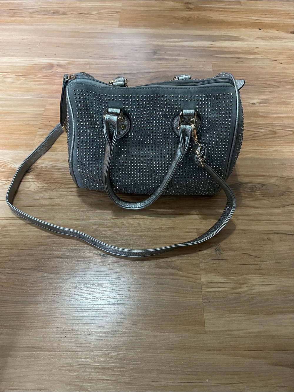 Women's Grey Studded Satchel with Detachable Strap